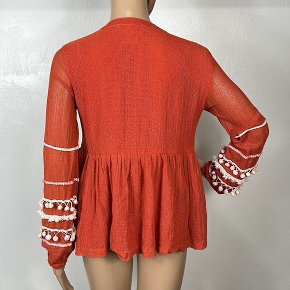 Cute Options Cotton Boho Peasant Tassel Ties Long Sleeve Top Blouse Size S - Picture 3 of 8